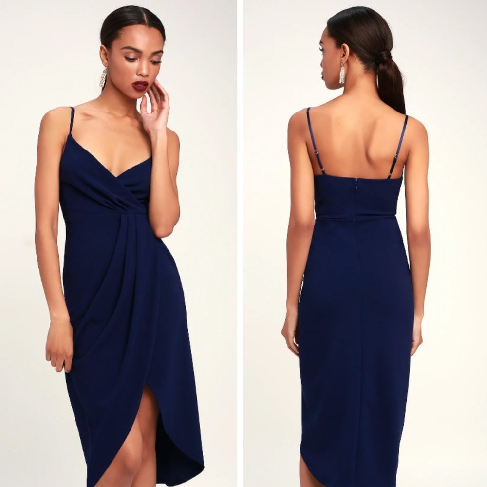 Lulu's Special Guest Navy Blue Surplice Midi Dress Wedding Event Party